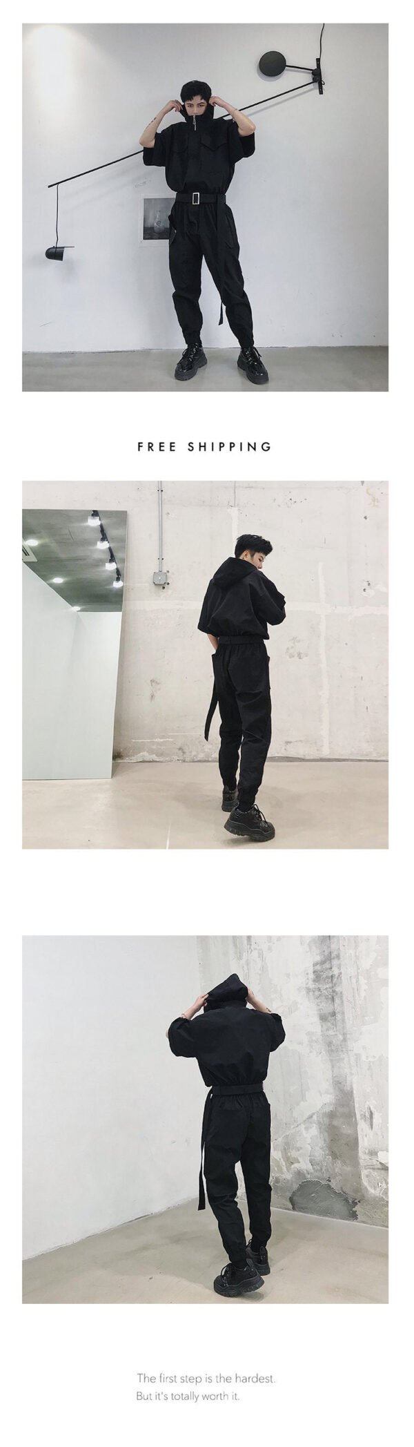 European and American Street Retro Work Clothes One Piece Fashion Brand Men's Hip Hop Street Dance Short Sleeve One Piece Suit