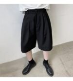KK1375/P75 Double Live Pleat Design Loose Solid Color Casual Five-point Pants