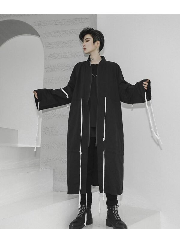 Men's Tide Long Windbreaker Jacket Long Coat Drawstring Jacket