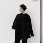 Bat Sleeve Jacket Men's Loose Jacket Dark Black Leather Pocket Pullover Hoodies