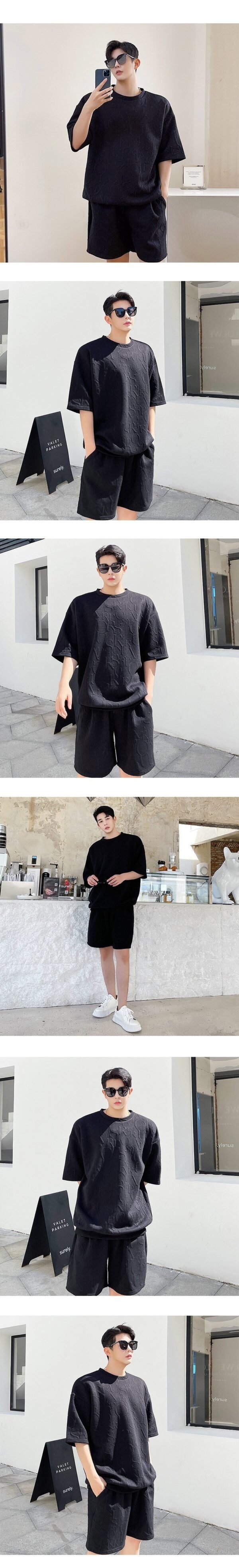 P85 Ribbed Hem T-sleeve High Temperature Three-dimensional Embossed Summer Short-sleeved Shorts Suit