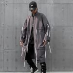 Men's Tide Long Windbreaker Jacket Long Coat Drawstring Jacket