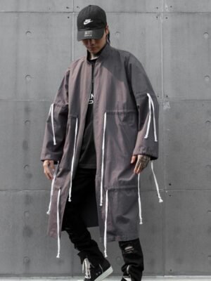 Men's Tide Long Windbreaker Jacket Long Coat Drawstring Jacket