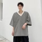 KK1658/P60 Geometric Pattern V-Neck Pullover Loose T-shirt
