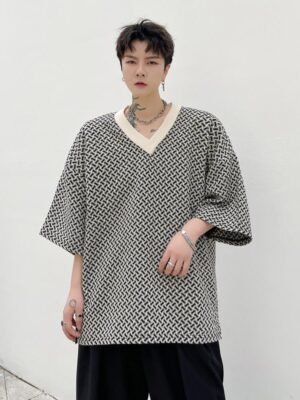 KK1658/P60 Geometric Pattern V-Neck Pullover Loose T-shirt