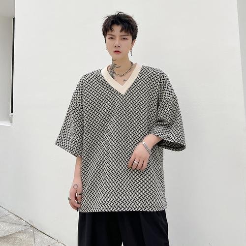 KK1658/P60 Geometric Pattern V-Neck Pullover Loose T-shirt