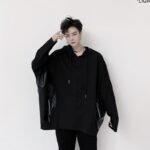 Bat Sleeve Jacket Men's Loose Jacket Dark Black Leather Pocket Pullover Hoodies