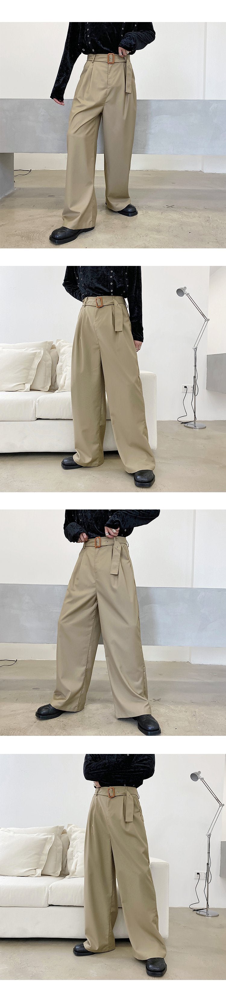 1302-p75 High Waist Straight Pants New Belt Floor Thin Casual Pants Long Men