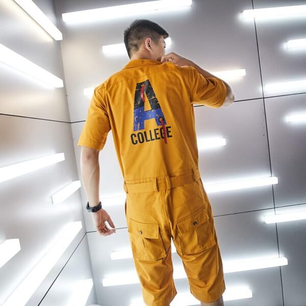 Summer Workwear Jumpsuit Men's Loose Straight Short Sleeves Jumpsuit Men's Korean Version Trend Men's Casual Shorts Pants