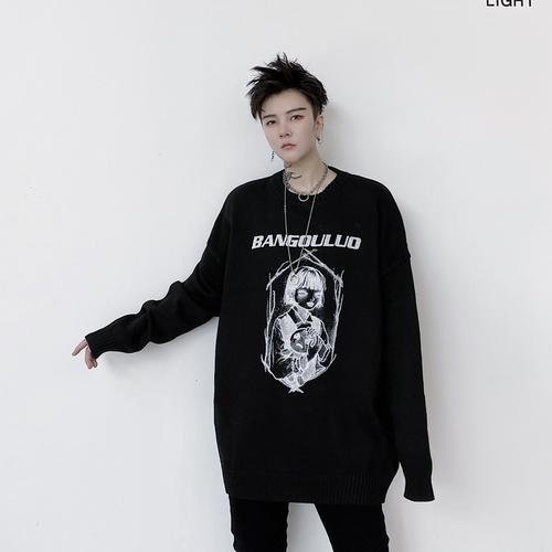 KK1526 Letter Pattern Printed Men's Solid Color Loose Thick Sweater