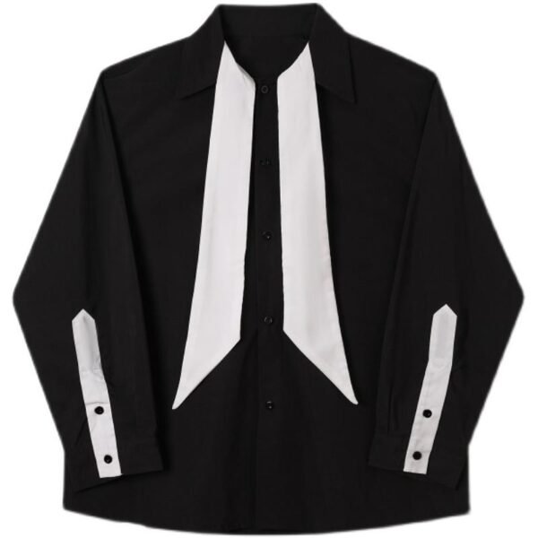 3835-P80 Dark Original Personality Bow Tie Contrast Stitching Design Long-sleeved Shirt