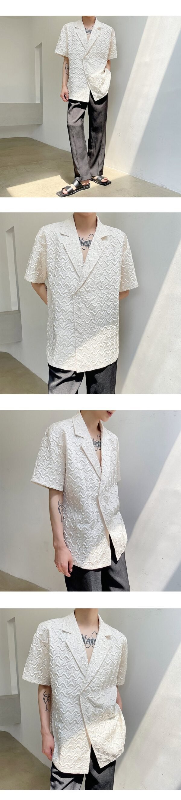 2388-P70 Original Pleated Embossed Fashion Cold Wind Lapel Short-sleeved Shirt