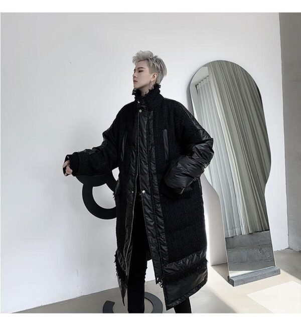 KK1308P235 Winter Style Splicing Small Fragrance Fabric Stand-up Collar Men's Mid-length Cotton Jacket