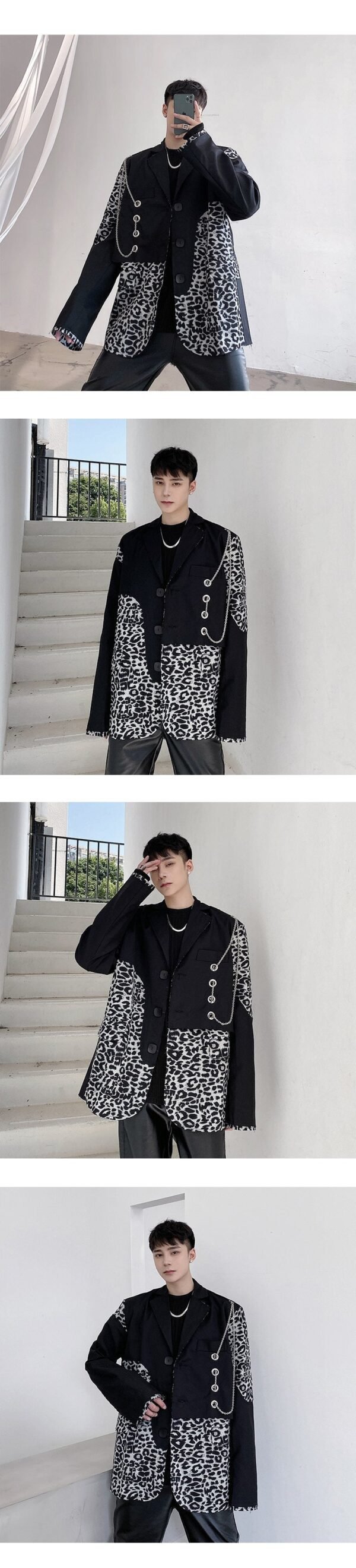 P1351226 Retro Leopard Print Stitching Suit Design Sense of Personality Niche Suit Men's Trend