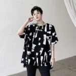 KK1686/P75 Geometric Pattern Drop Shoulder Raglan Sleeve Round Neck T-shirt