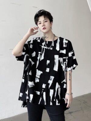 KK1686/P75 Geometric Pattern Drop Shoulder Raglan Sleeve Round Neck T-shirt
