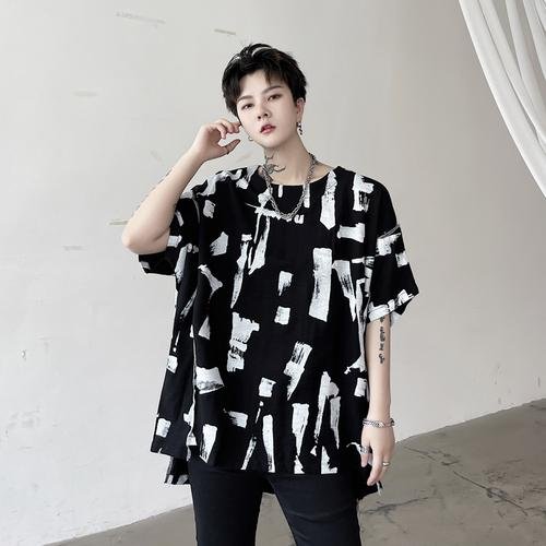 KK1686/P75 Geometric Pattern Drop Shoulder Raglan Sleeve Round Neck T-shirt