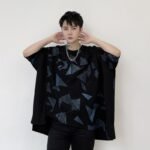 KK1623/P80 Geometric Pattern Printed Patchwork Falling Shoulder Loose Short Sleeve T-Shirt