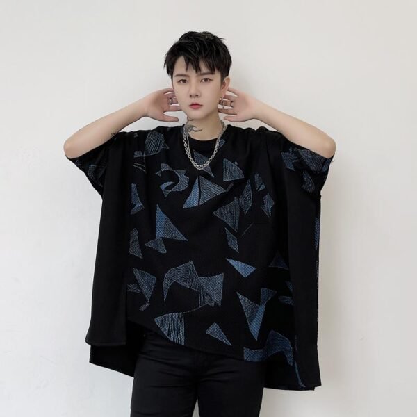 KK1623/P80 Geometric Pattern Printed Patchwork Falling Shoulder Loose Short Sleeve T-Shirt