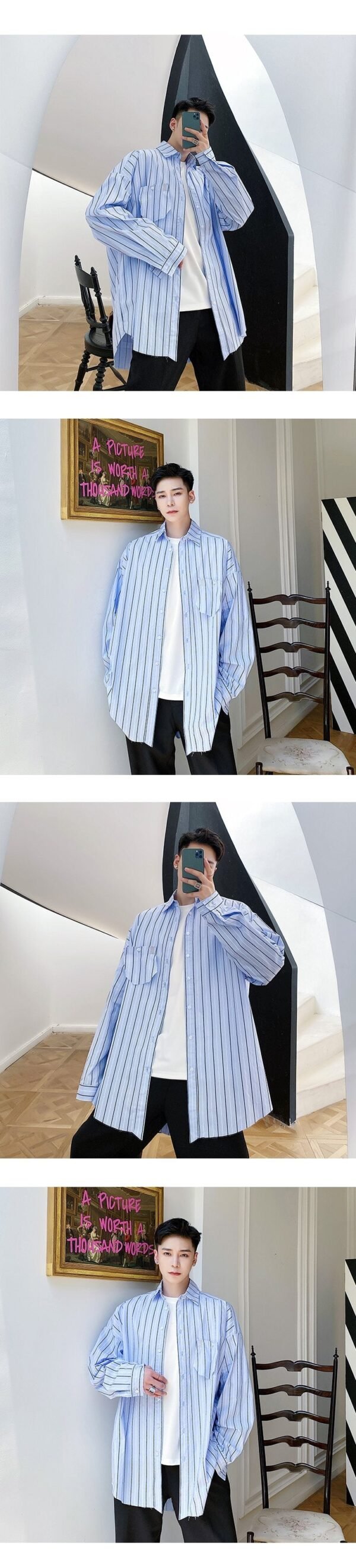 A261 Aww Original Raw Edge Design Loose Retro Stripe Casual Fashionable Shirt