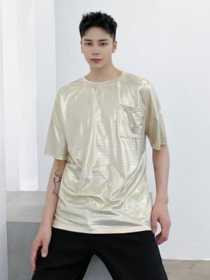 Thin Trendy Men's Bar Singer Hip Hop Performance Outfit Shiny Loose T-shirt