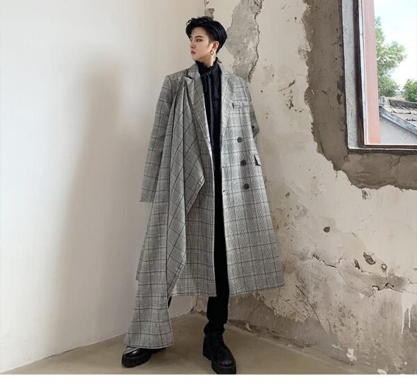 Fashion Design Long Windbreaker Double Breasted Coat Plaid Trench Coat Flannel Coat for Men