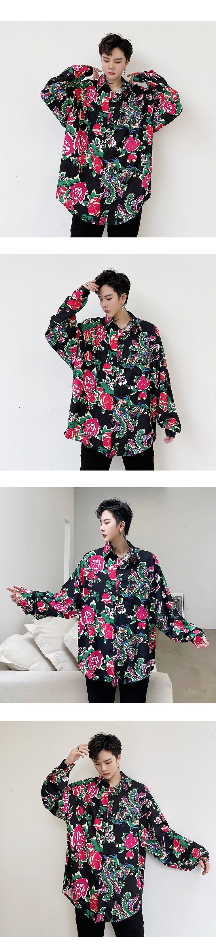 8057-P55INS Trendy Hip Hop Fried Street Net Red Peony Neutral Loose Shirt