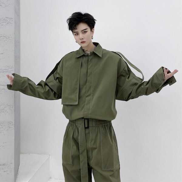 B251A-TT75-P178 Army Green Handsome Jumpsuit Seating Casual Ruffled Pants