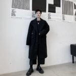 KK1534 Multi-pocket Label Lapel Loose Men's Mid-length Woolen Coat