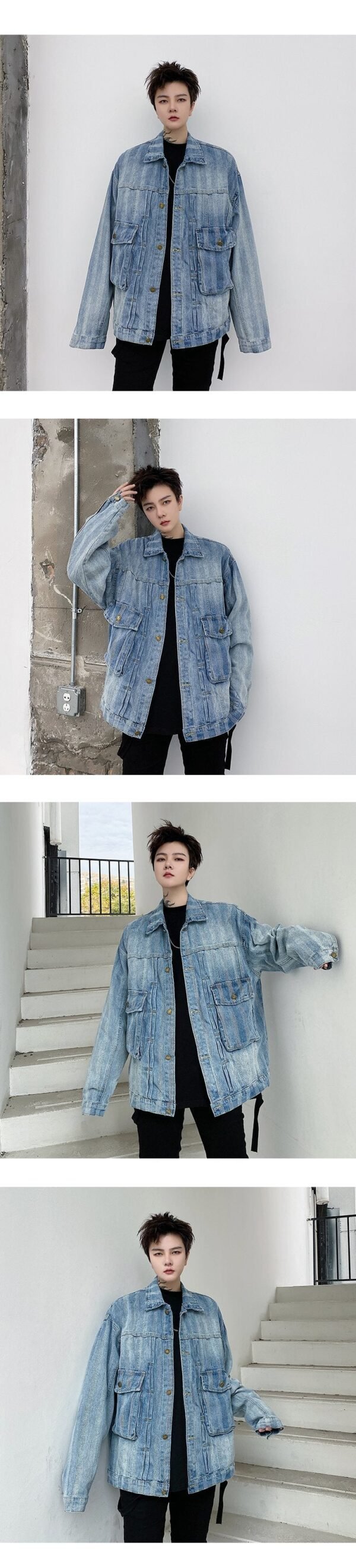 8038-P90 Big Pocket Striped Denim Jacket