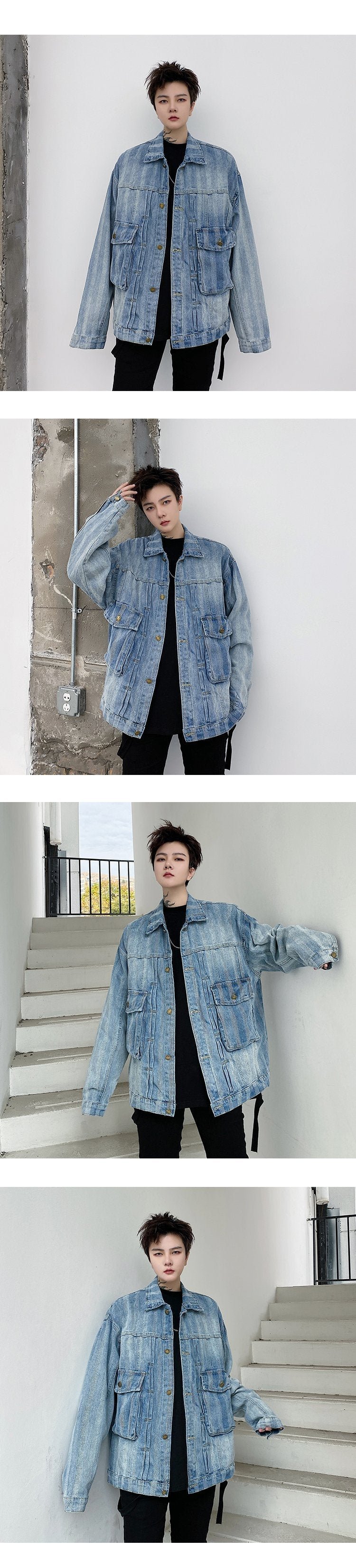 8038-P90 Big Pocket Striped Denim Jacket