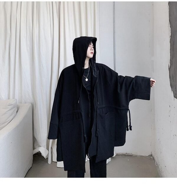 Dark Large Pocket Bat Sleeve Loose Hooded Trench Coat