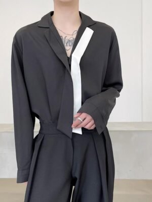 A345-1139-P75 Black and White Tie and Streamer Suit Collar Drape Long-sleeved Shirt