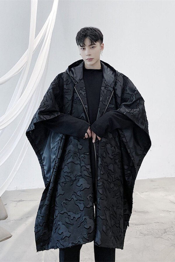 687 Yamamoto Dark Wind High Set Three Dimensional Pattern Hooded Cloak Medium Long Windbreaker Trend