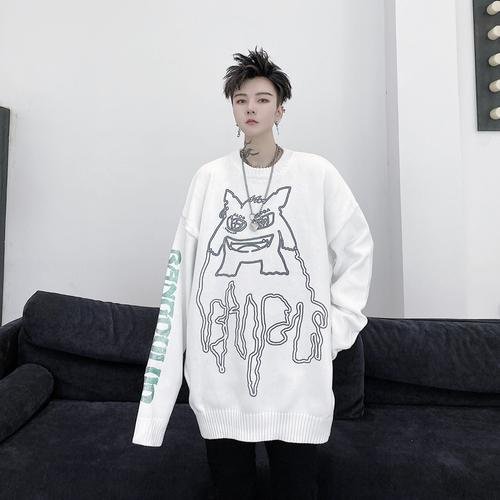 Kk1524 Little Monster Pattern Sleeve Letter Print Men's Loose Thick Sweater