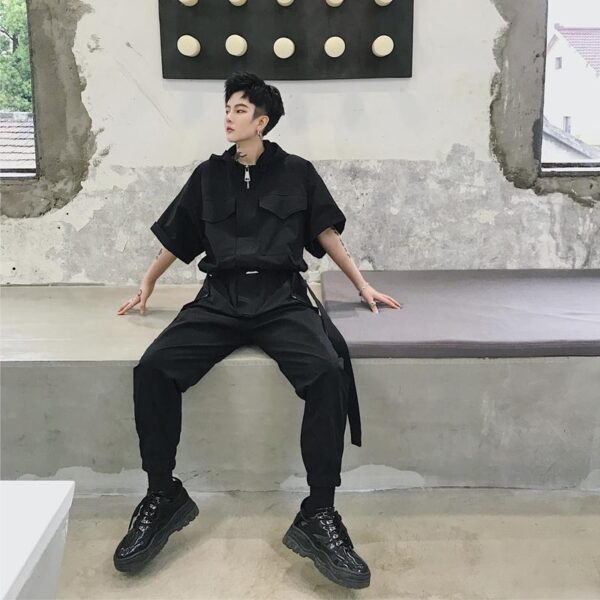 European and American Street Retro Work Clothes One Piece Fashion Brand Men's Hip Hop Street Dance Short Sleeve One Piece Suit