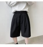KK1375/P75 Double Live Pleat Design Loose Solid Color Casual Five-point Pants
