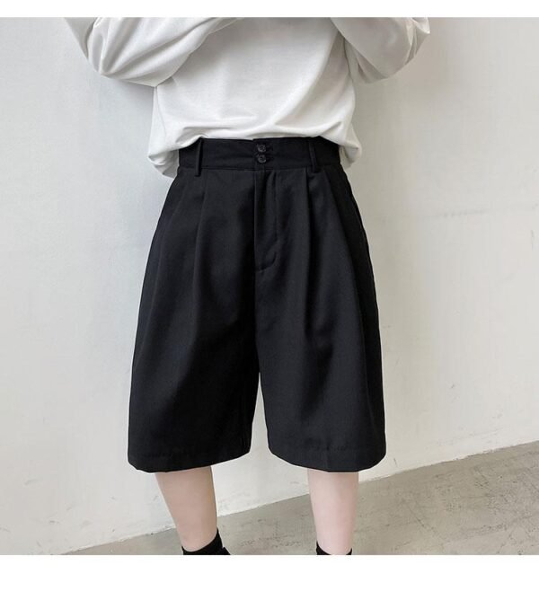 KK1375/P75 Double Live Pleat Design Loose Solid Color Casual Five-point Pants