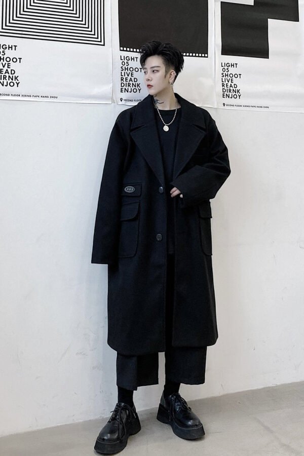 KK1534 Multi-pocket Label Lapel Loose Men's Mid-length Woolen Coat