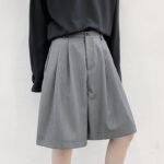 KK1375/P75 Double Live Pleat Design Loose Solid Color Casual Five-point Pants