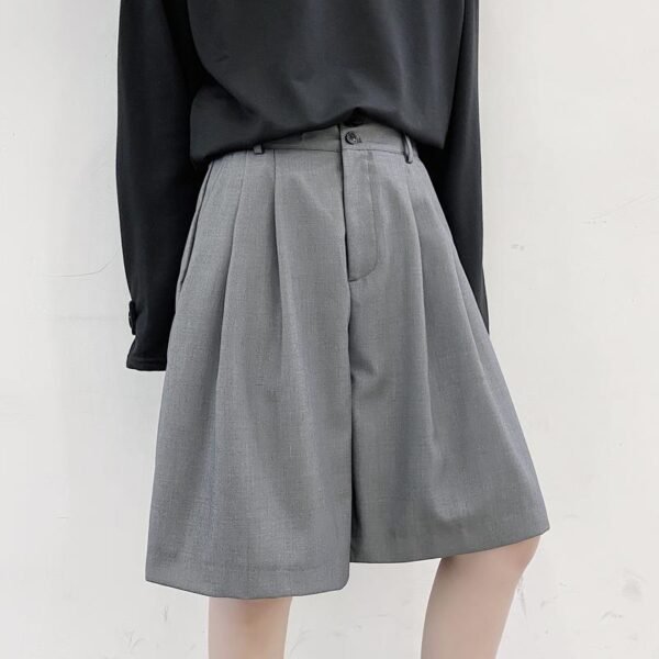 KK1375/P75 Double Live Pleat Design Loose Solid Color Casual Five-point Pants