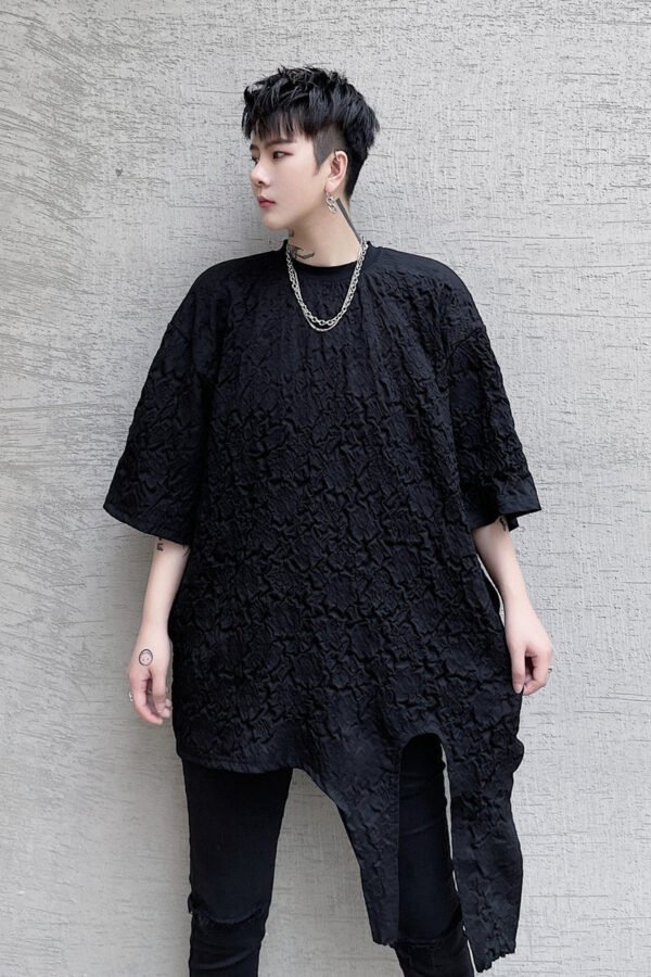 KK1624/P75 Asymmetrical Loose T-shirt with Crumpled Fabric Hem