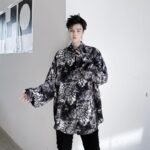 KK1499 Tie Geometric Pattern Print Men's Loose Long-sleeved Shirt