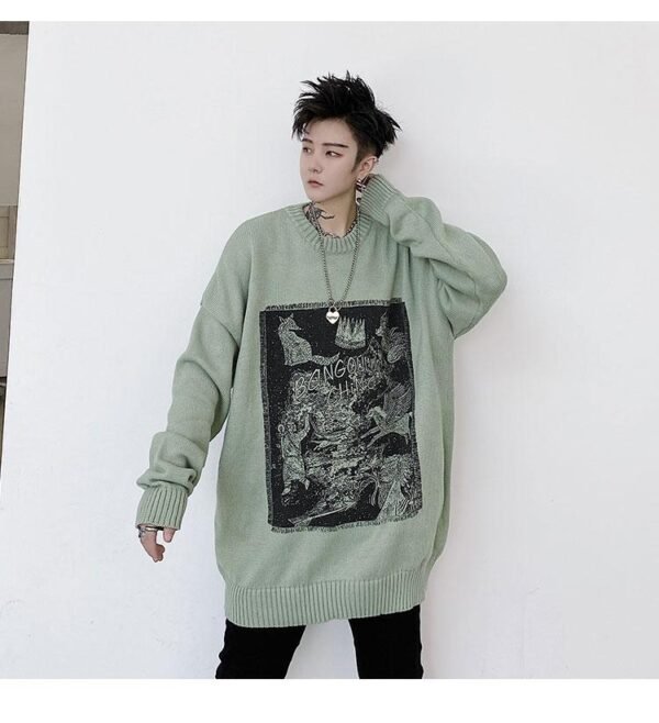 Kk1525 Animal Alphabet Print Men's Solid Color Loose Thick Sweater