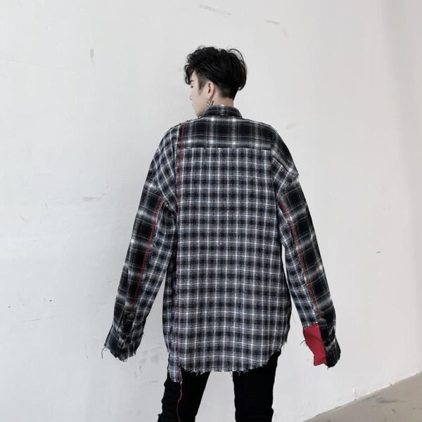 KK1453 Plaid Colliding Color Design Men's Loose-sleeved Shirt