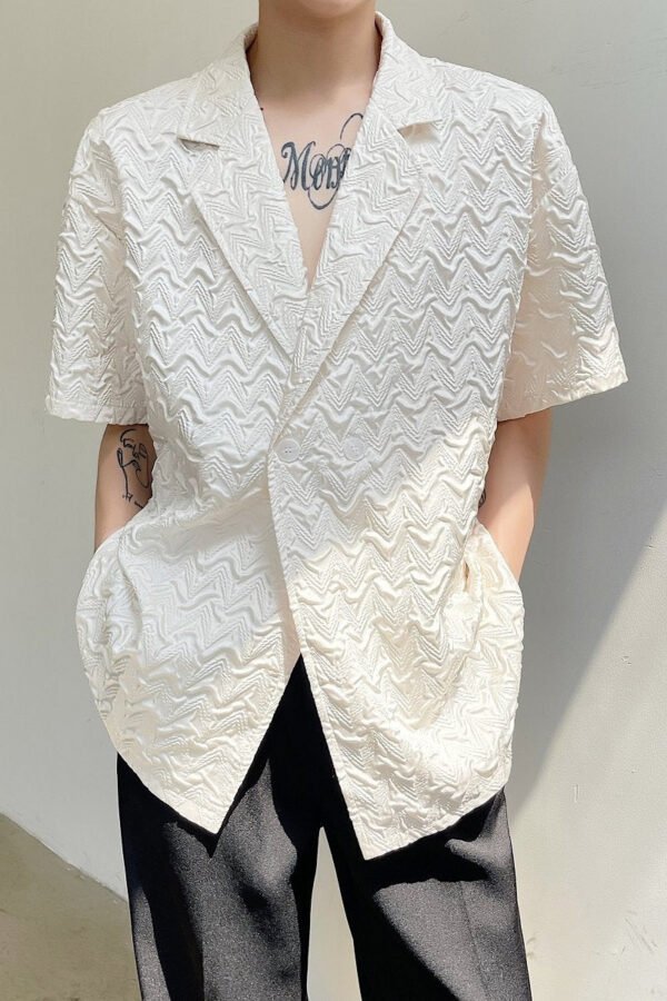 2388-P70 Original Pleated Embossed Fashion Cold Wind Lapel Short-sleeved Shirt