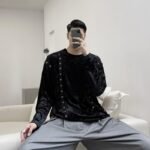 A345-1301-P80 Dark Black Jacket Male Wide Loose Korean Version Diamond Velvet Woven Ribbon