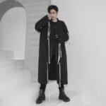 Men's Tide Long Windbreaker Jacket Long Coat Drawstring Jacket