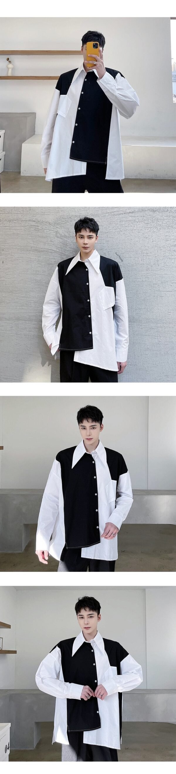 2353-P75 Black and White Contrast Color Irregular Stitching Shirt