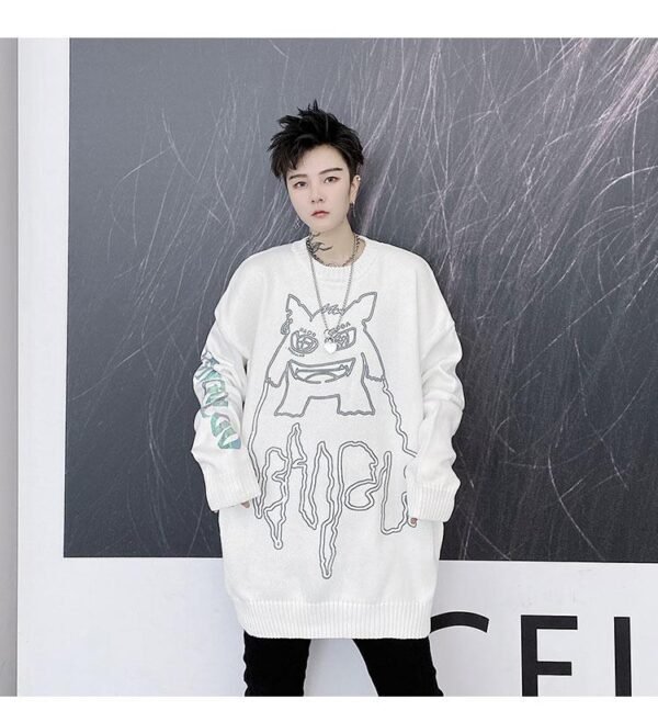 Kk1524 Little Monster Pattern Sleeve Letter Print Men's Loose Thick Sweater